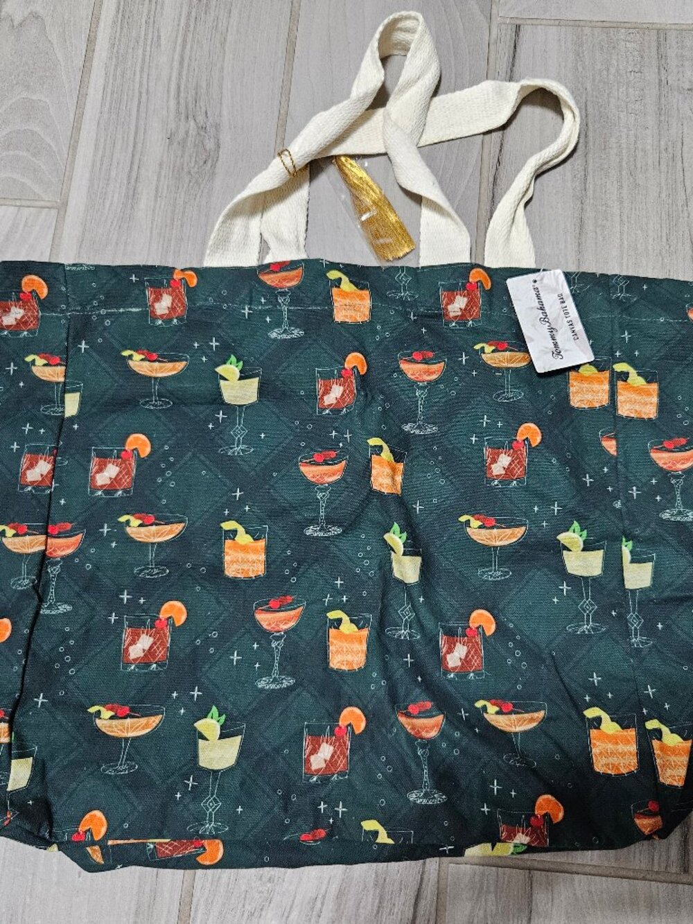 Tommy Bahama Cocktail Drinks Canvas Tote Bag Teal Tropical Beach Resort NWT